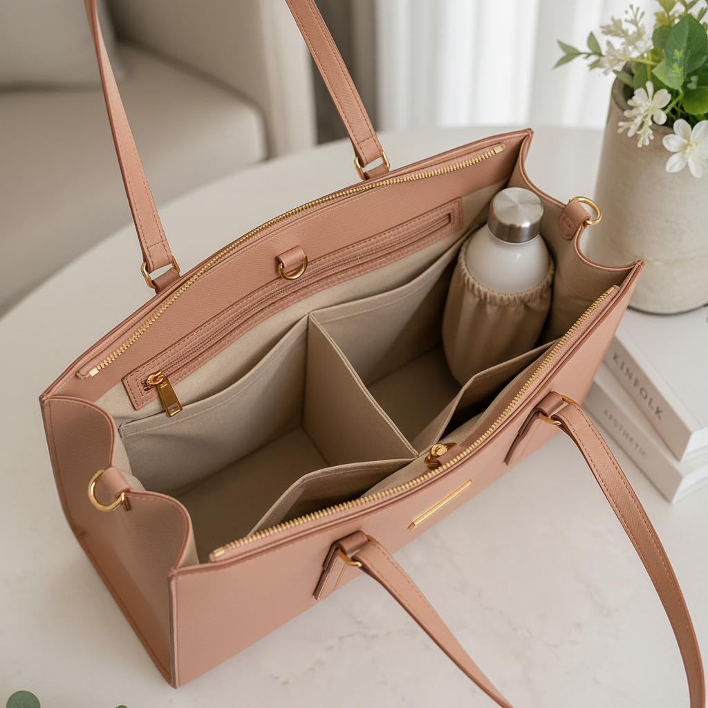 A structured beige leather tote bag with double shoulder straps and gold-tone buckle details, styled on a marble surface next to a vase of white flowers and books.
