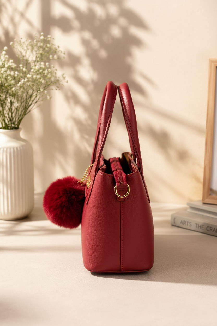 A structured red leather handbag with double top handles, a front flap pocket, and a large red pom-pom charm with a gold chain, styled on a beige surface with a white vase of baby's breath and a framed print in the background.
